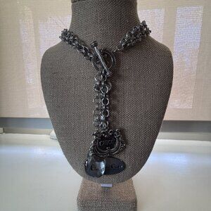 Chico’s Silver Tone Charm Necklace Key Crystal Cherub 13” Drop